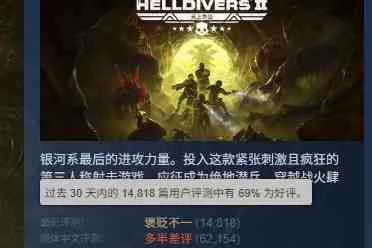 《绝地潜兵2》近期评价跌至褒贬不一：频繁崩溃能玩？