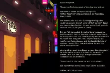 《咖啡心语：东京》宣布跳票：延期至5月21日发售！