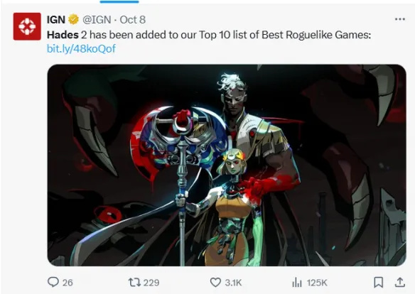 IGN更新最佳Roguelike游戏：《哈迪斯2》荣登榜首！