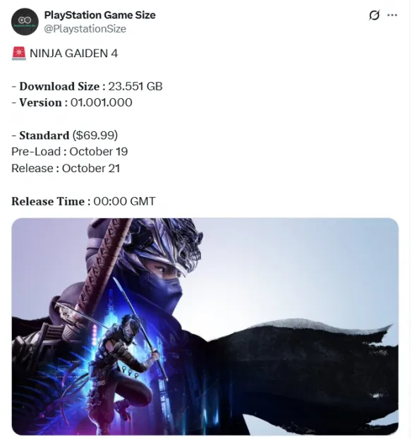 《忍者龙剑传4》PS5版容量大小曝光：所需23GB！